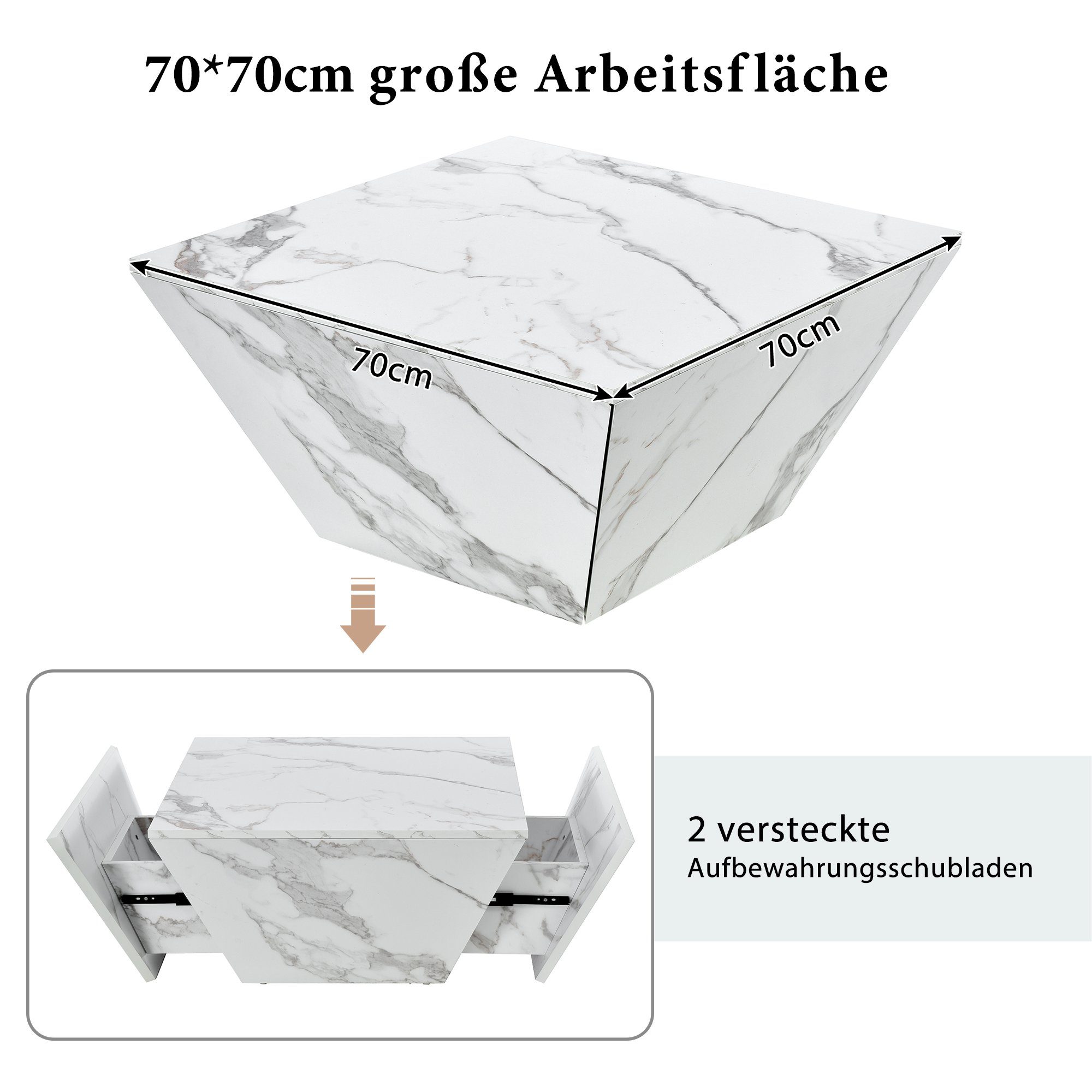 Couchtisch (Satztische, Beistelltisch, Kaffeetisch, 1-St., hochglanz marmoroptik mit 2 Schubladen), Wohnzimmertisch aus Holz, Trapezförmiger, 70 x 70 x 37 cm