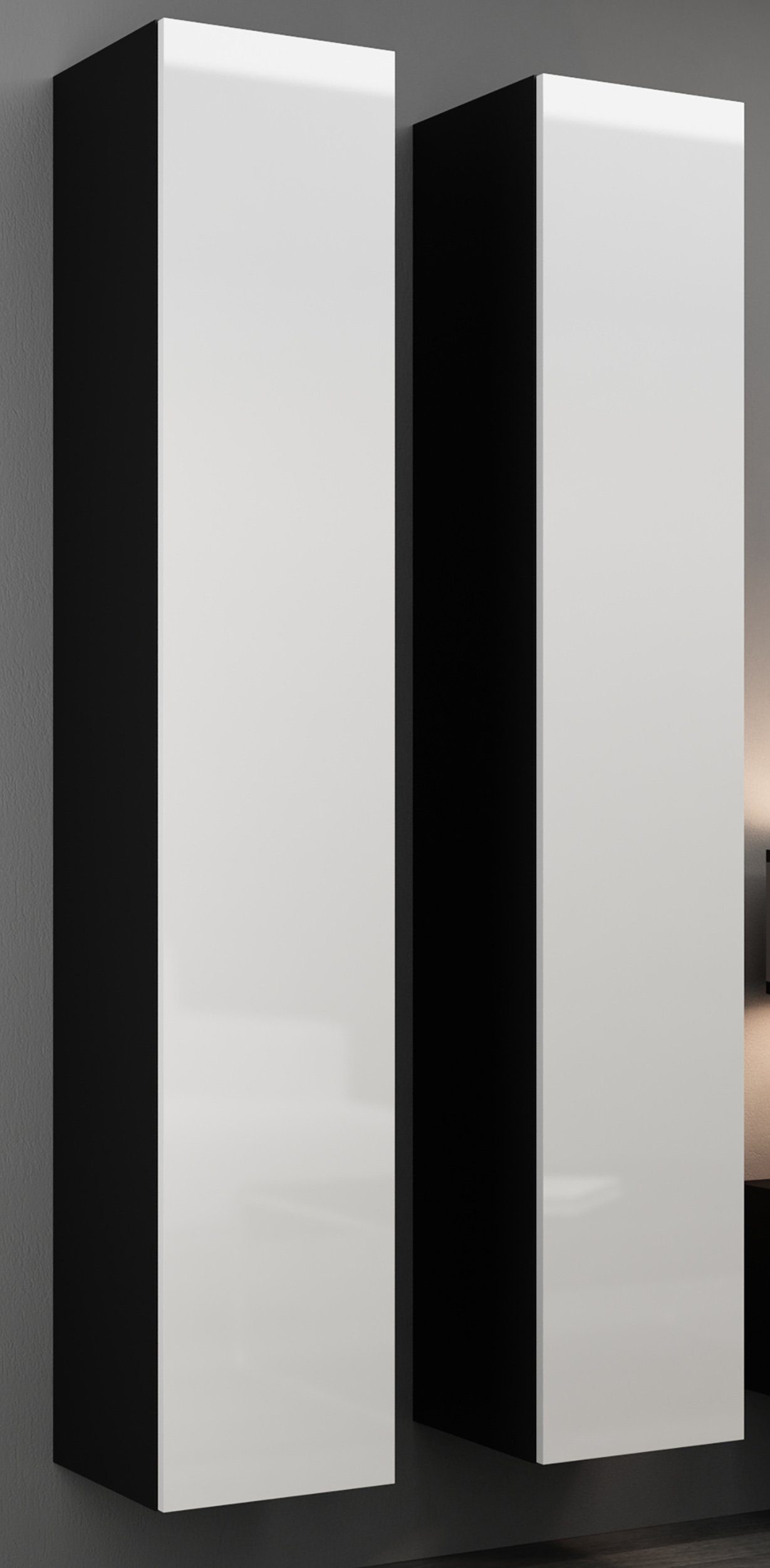 (Set aus XIV, Wohnzimmer-Set), 1xLowboard Wohnmöbel, Modern Hochglanzfronten, bestehend Schwarz/Weiß Wohnwand mit Stylefy 3xHängeschrank, (4-St), Design Vago und Push-to-Open,