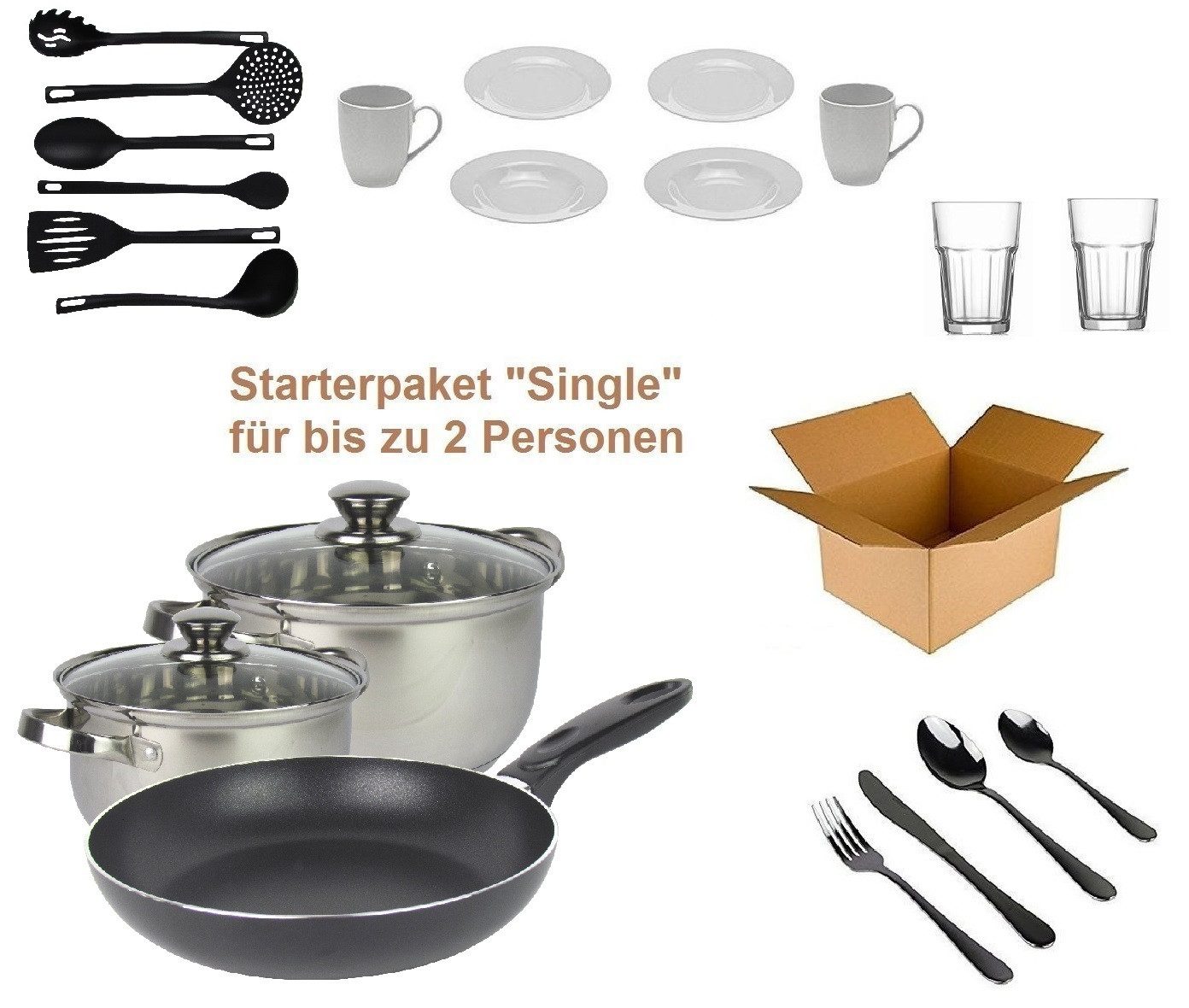 Steinmann Starterpaket Haushalt Starterset "Single" - Wohneinrichtung (27-tlg) Einrichtungspaket - (Küche, Besteck, Geschirr)
