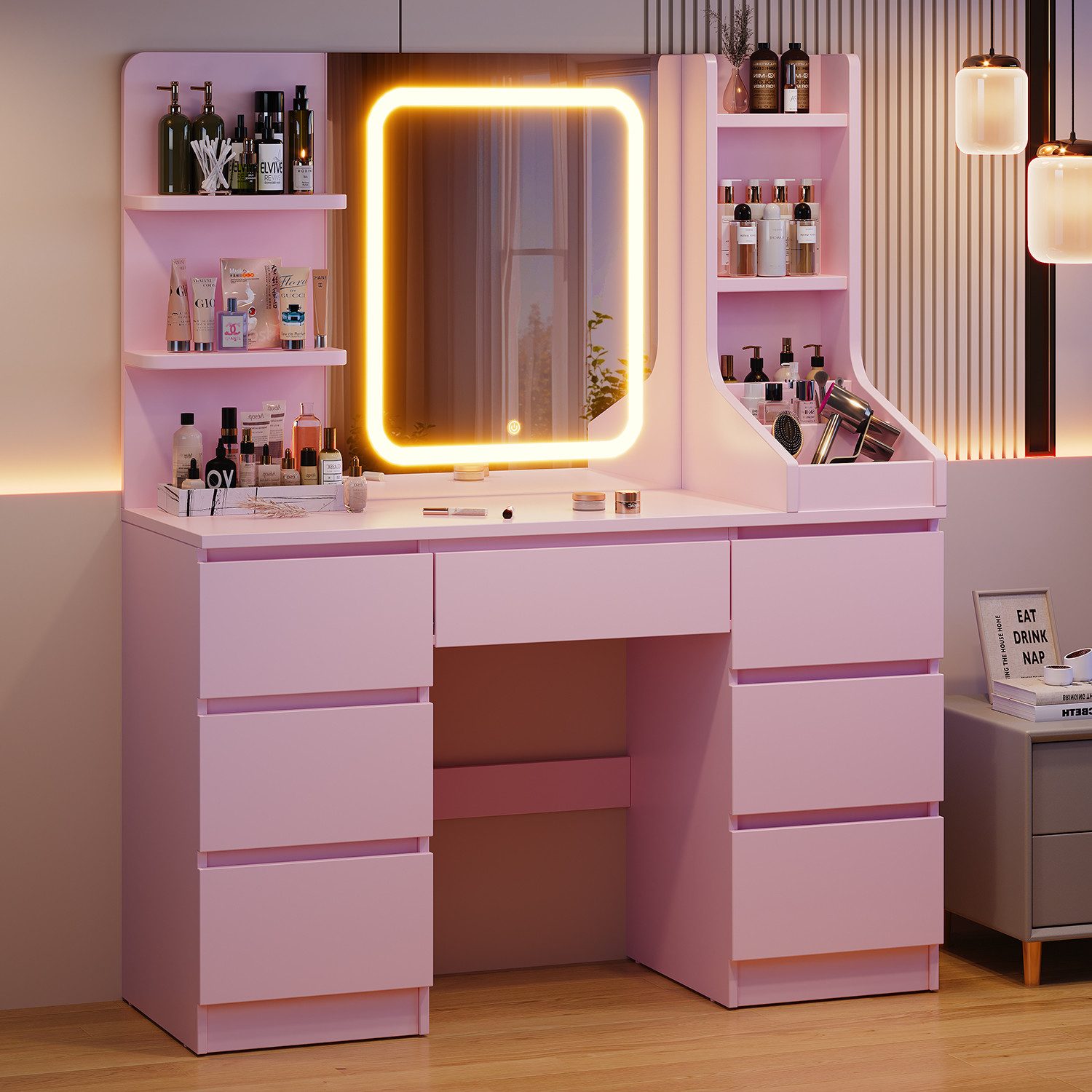 HOMALL Schminktisch Eingebaute LED-Beleuchtung, einstellbare Helligkeit, mit 7 Schubladen (Große Размер 110*40*139cm Bestes Geschenk für Ehefrau/Tochter)