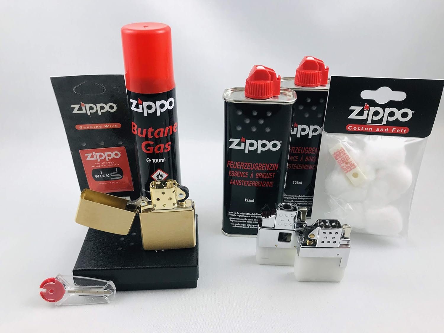 Zippo Feuerzeug Mega Premium Set Messing Gebürstet mit 2 x Einsatz/viel Zubehör