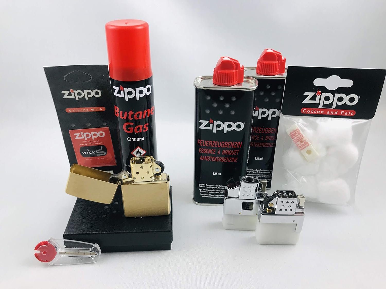 Feuerzeug Mega Premium Set Messing Gebürstet mit 2 x Einsatz/viel Zubehör