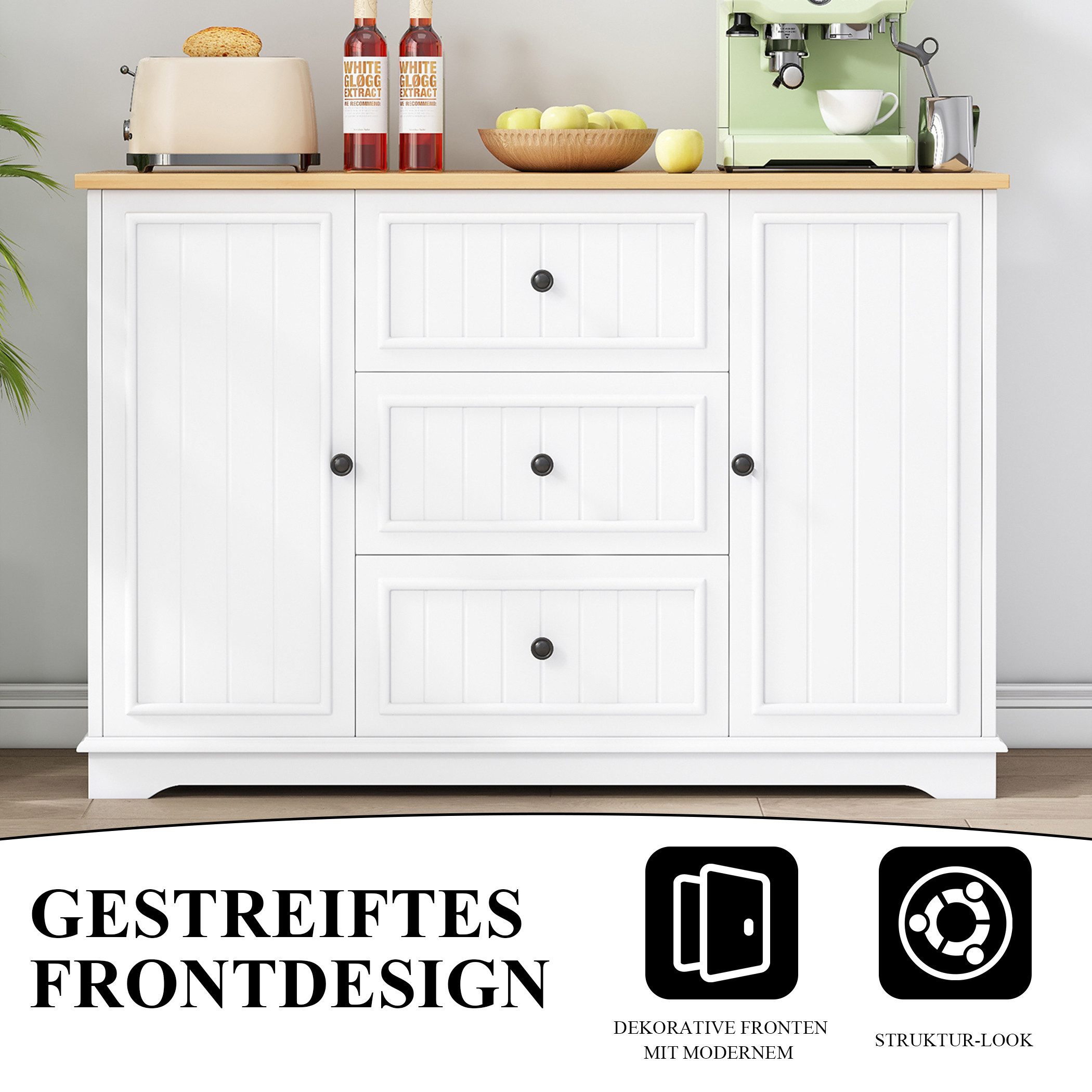 SeedWave Buffet Vielseitiges Küche Sideboard 126cm mit Schubladen & 2 Schranktüren Anrichte mit gestreiften Fronten, verstellbaren Fächern