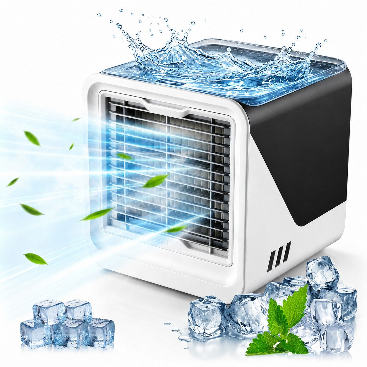 MOPUEA Ventilatorkombigerät Mini Luftkühler USB mit Wasserkühlung, Luftzirkulator 500ML Wassertank, 3 Stufen tragbarer Luftbefeuchter Ventilator für Büro und Schlafzimmer