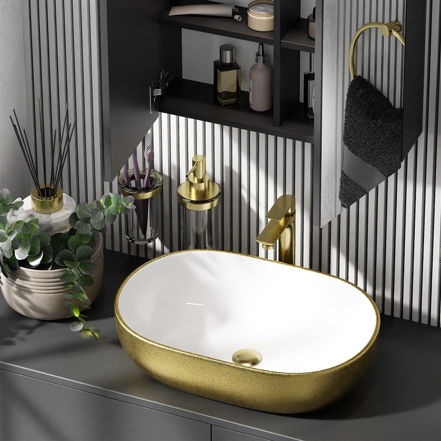 Planetmöbel Aufsatzwaschbecken Aquil Deluxe Badezimmer Waschbecken 60 cm oval für Waschtisch (Keramik Aufsatzwaschbecken für Bad, Gäste WC, 1-St., Waschschale 60 x 40 x 15 cm ohne Hahnloch und Überlauf), für Waschtische oder Waschplätze