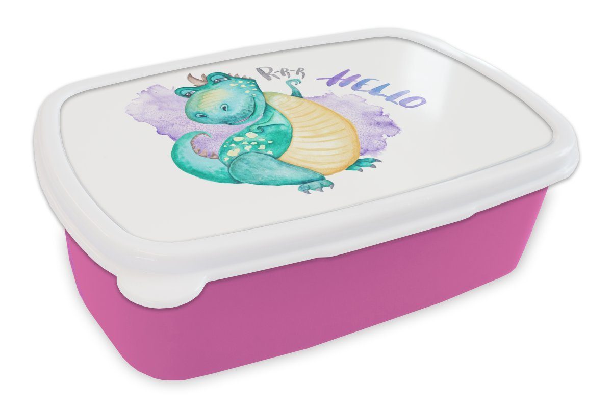 Brotdose Mädchen Grün - rosa Kinder, MuchoWow Dinosaurier Kinder, - Snackbox, Kunststoff, Kunststoff Brotbox Kinderzimmer (2-tlg), Erwachsene, Jungen Mädchen, - für - - Lunchbox