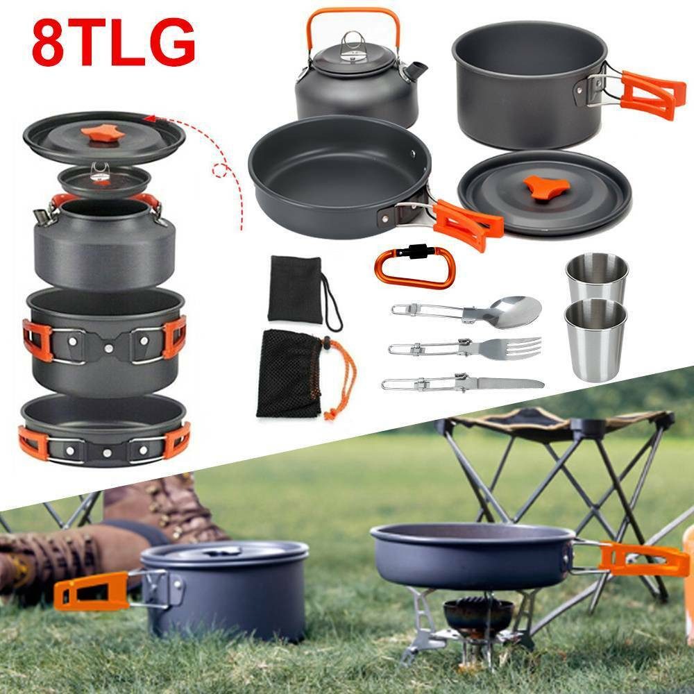 Geschirr-Set 8 Teilig Aluminium Camping Kochset Campinggeschirr Topf Set
