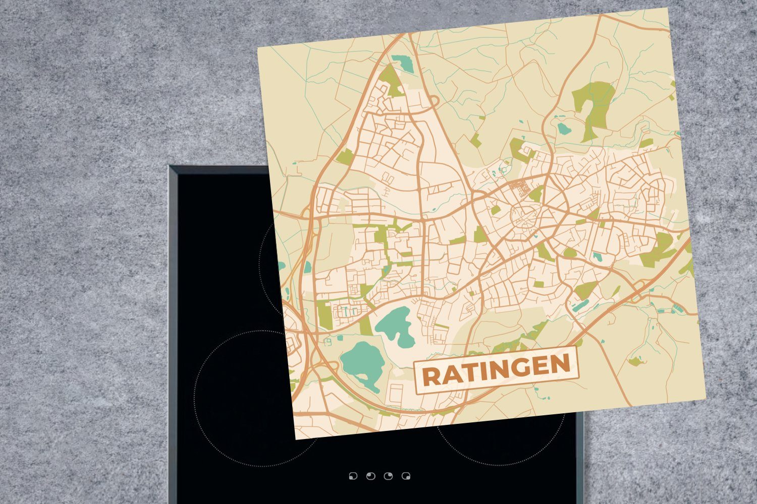 MuchoWow für Ceranfeldabdeckung, küche Ratingen - 78x78 - Arbeitsplatte Karte Stadtplan, (1 - Herdblende-/Abdeckplatte cm, tlg), Vintage Vinyl,
