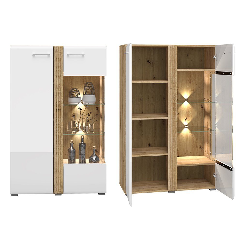 Lomadox Wohnwand AKRON-131, (4-St), Anbauwand inkl. Vitrinenschrank, Lowboard, Wandboard und Highboard
