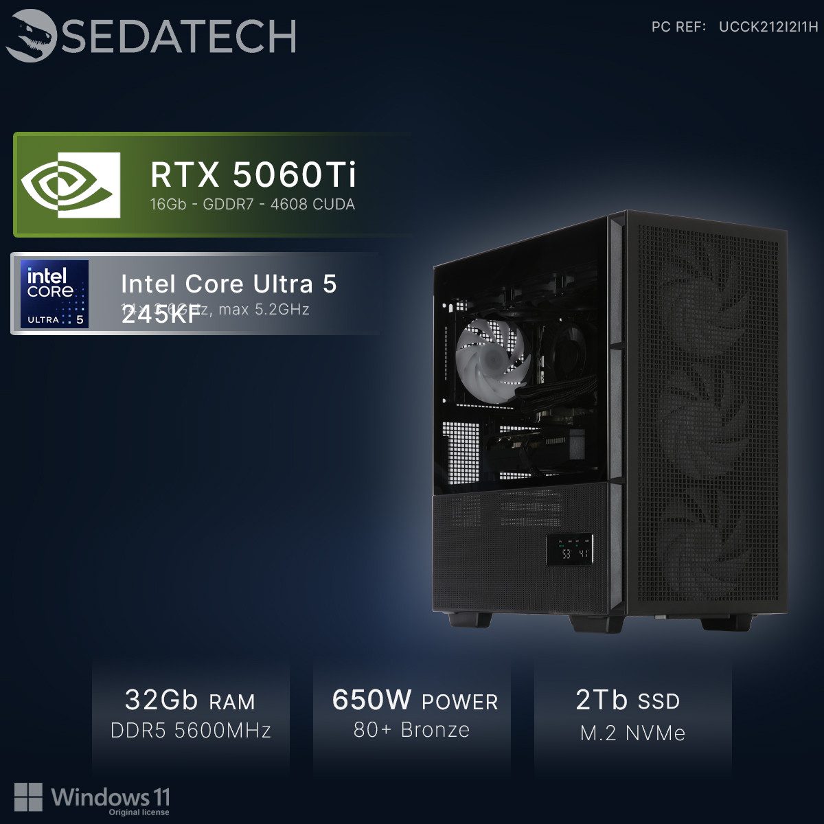 Sedatech UCCK212I2I1HF - Watercooling Gaming-PC (Intel Intel Core Ultra 5 Intel Core Ultra 5 245KF 14x 3.6GHz (max 5.2GHz), Geforce RTX5060Ti (16G) 16GB, 32 GB RAM, 2000 GB SSD, Watercooling, Wlan 7)