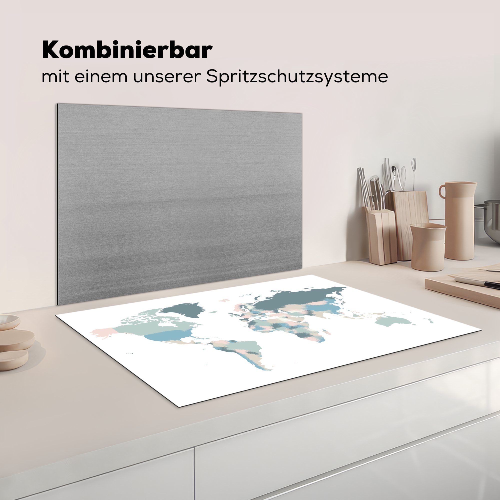 Ceranfeldabdeckung 81x52 Weltkarte für tlg), Herdblende-/Abdeckplatte Schutz die Pastell MuchoWow Vinyl, Weiß, (1 cm, - Induktionskochfeld - küche,