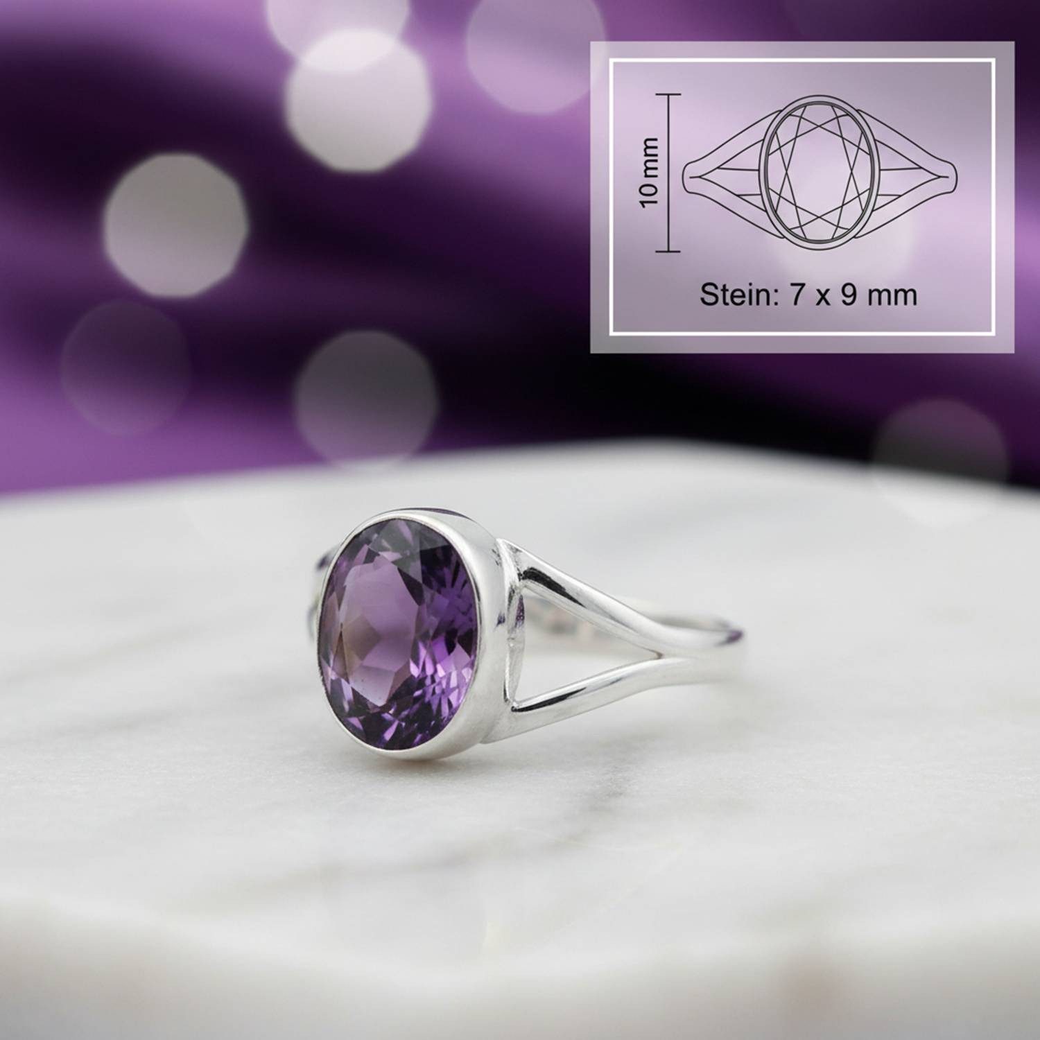mantraroma Silberring HARDIN aus 925 Silber mit Amethyst facettiert (Ring mit Schmuckbeutel), Damenring aus 925er Silber