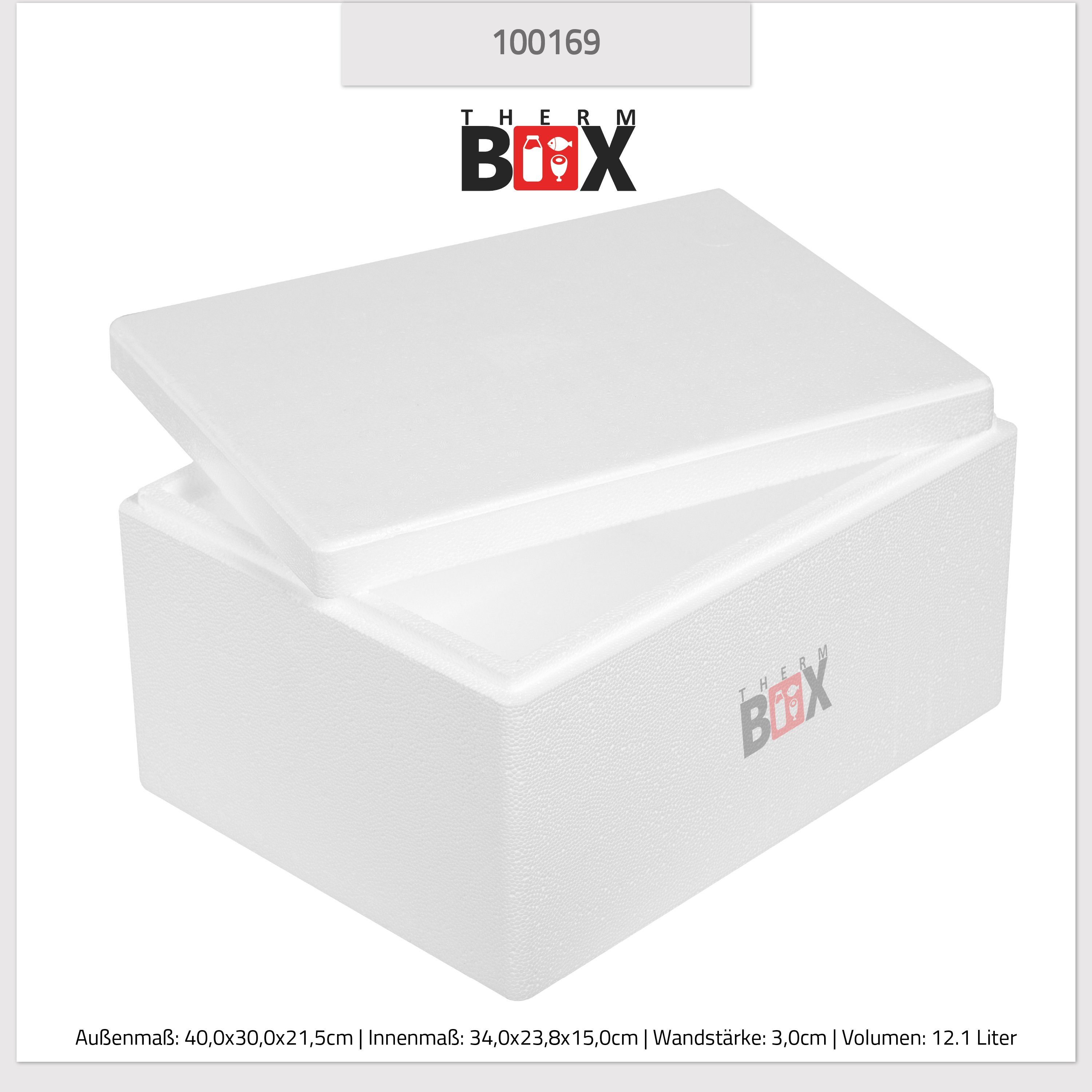 12W Wand: Thermobox Styropor-Verdichtet, (1, 3cm 12,1L Kühlbox THERM-BOX Isolierbox Warmhaltebox mit im 0-tlg., Karton), Wiederverwendbar Innenmaß:34x23x15cm, Box Deckel Thermobehälter Styroporbox
