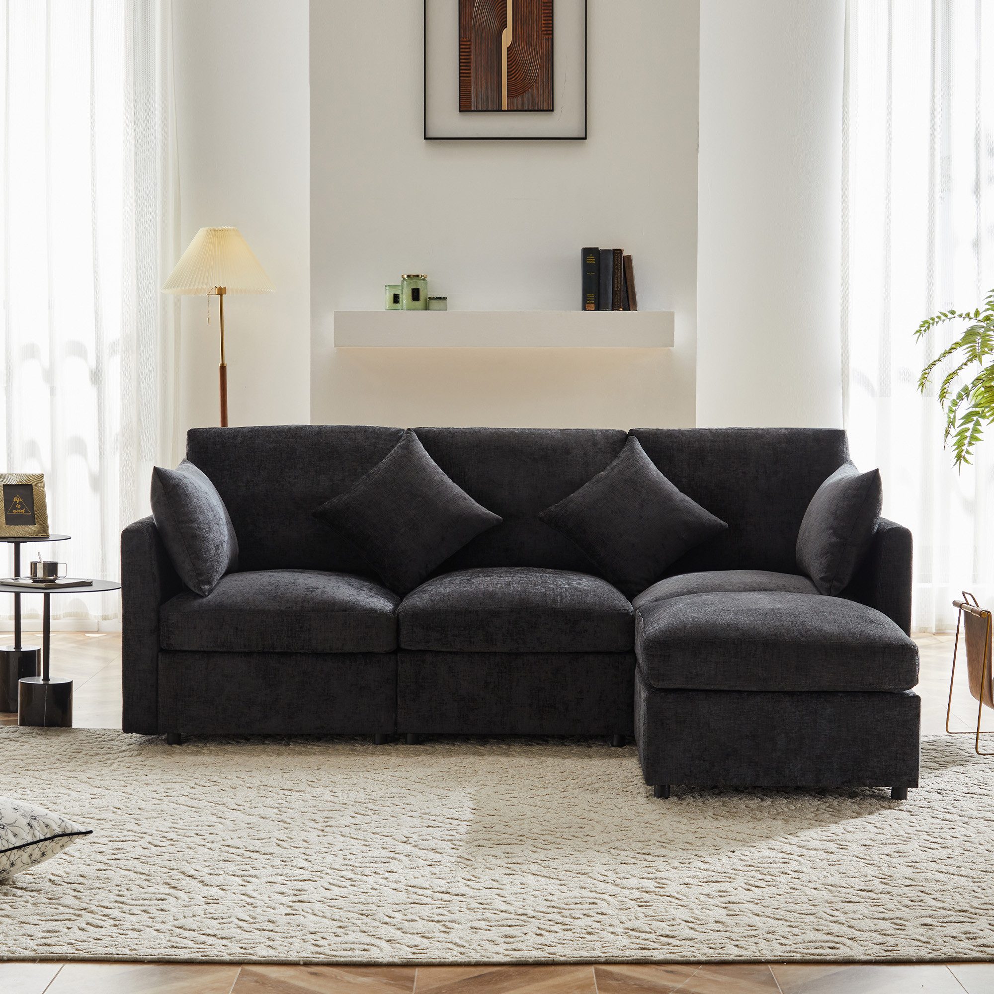 i@home 3-Sitzer L‑förmiges Ecksofa, mit beweglichem Hocker und 4 Chenille‑Kissen, Grün/Grau/Beige