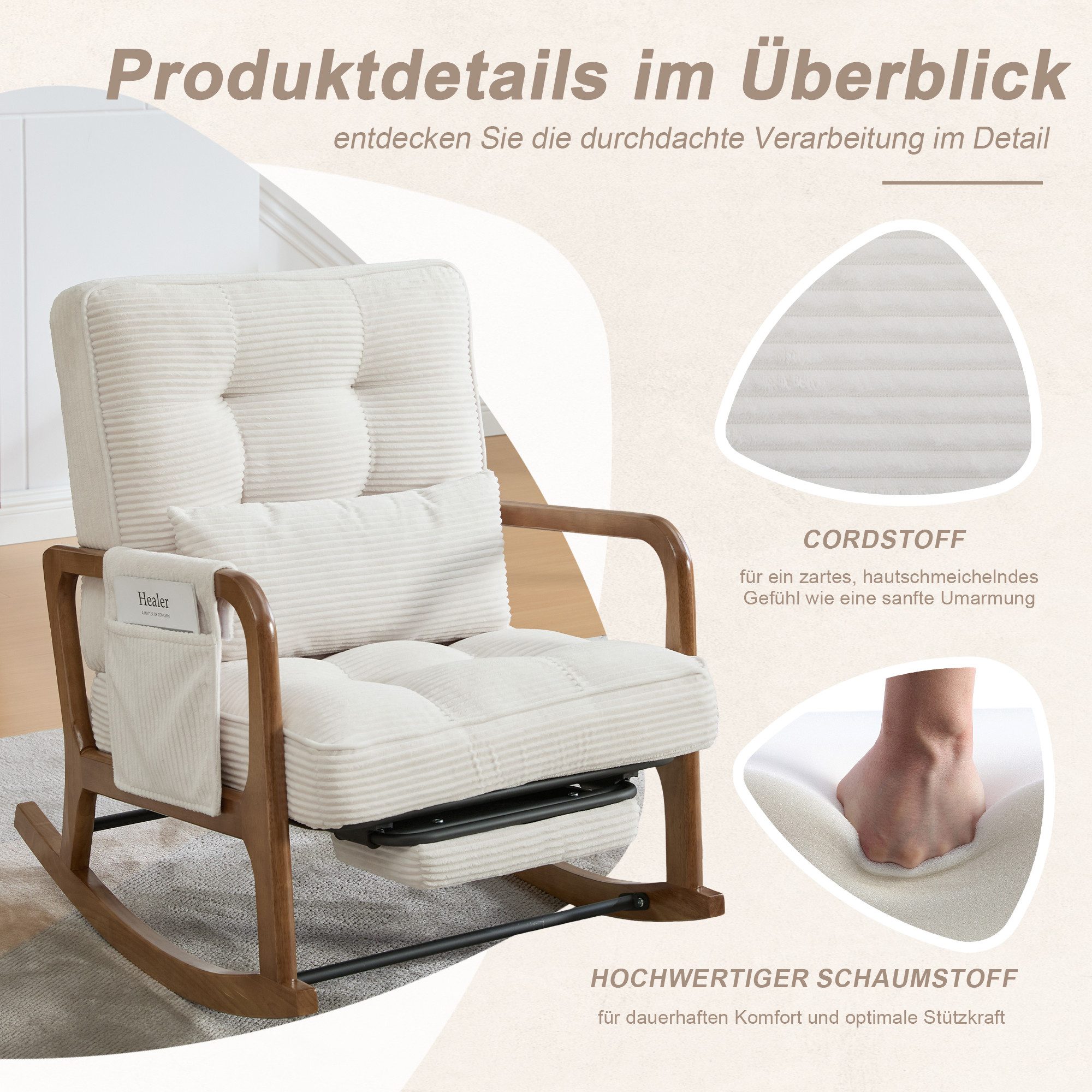 Celya Schaukelstuhl Freizeitstuhl mit Fußstütze und Seitentaschen, Ideal für Wohn-, Schlaf- und Kinderzimmer – Bild 3 von 5