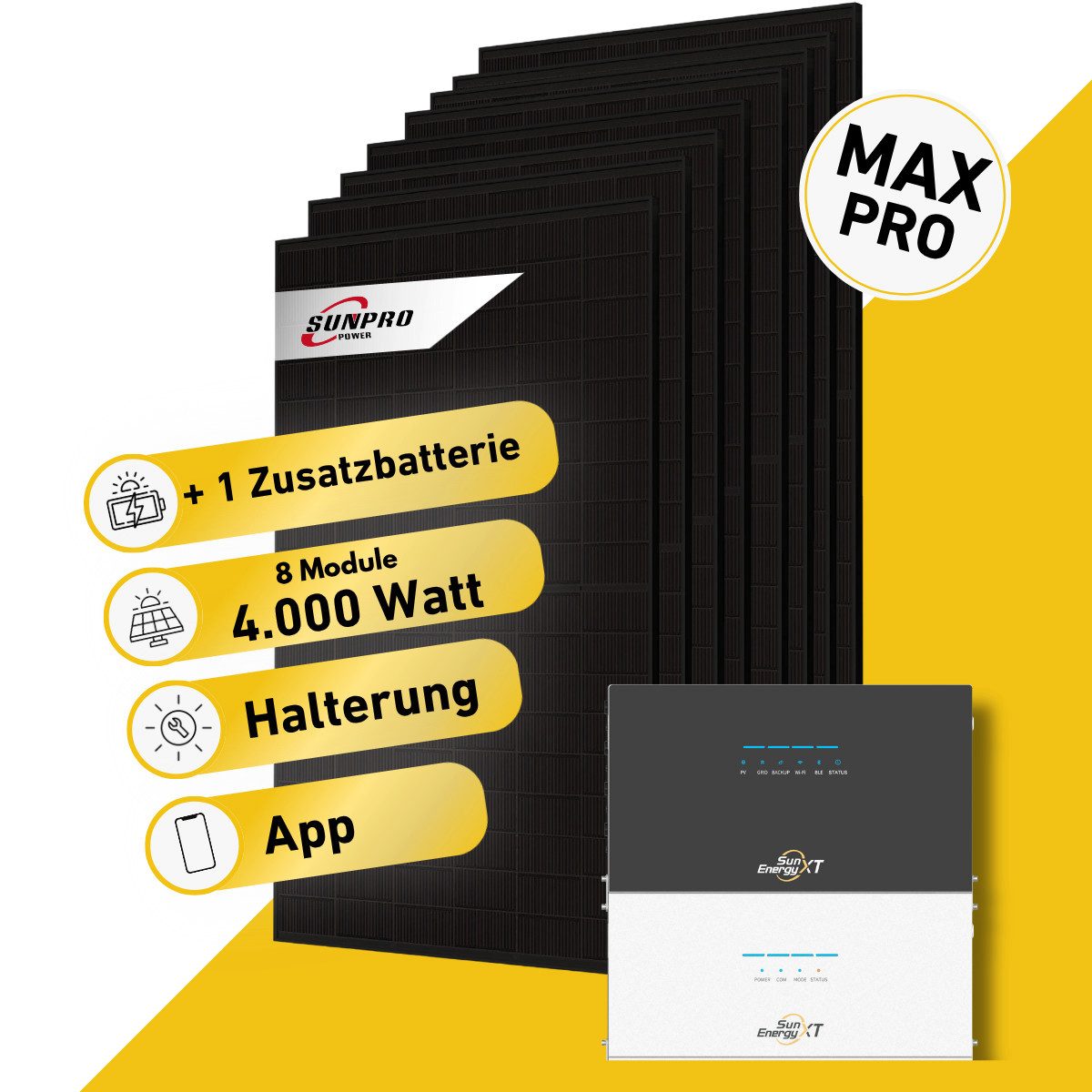 Balkonstrom Balkonkraftwerk MAX Pro 4000 Watt Solaranlage mit Speicher Komplettset Bifazial, 4000 W, Monokristallin, (8x Sunpro Solarmodul á 500 Watt, 1xHoymiles HiBattery 4020X Solarspeicher, 1-3 Zusatzspeicher HB4020S), Halterung für Dach, Fassade, Balkon & Garten, App & Plug&Play DE