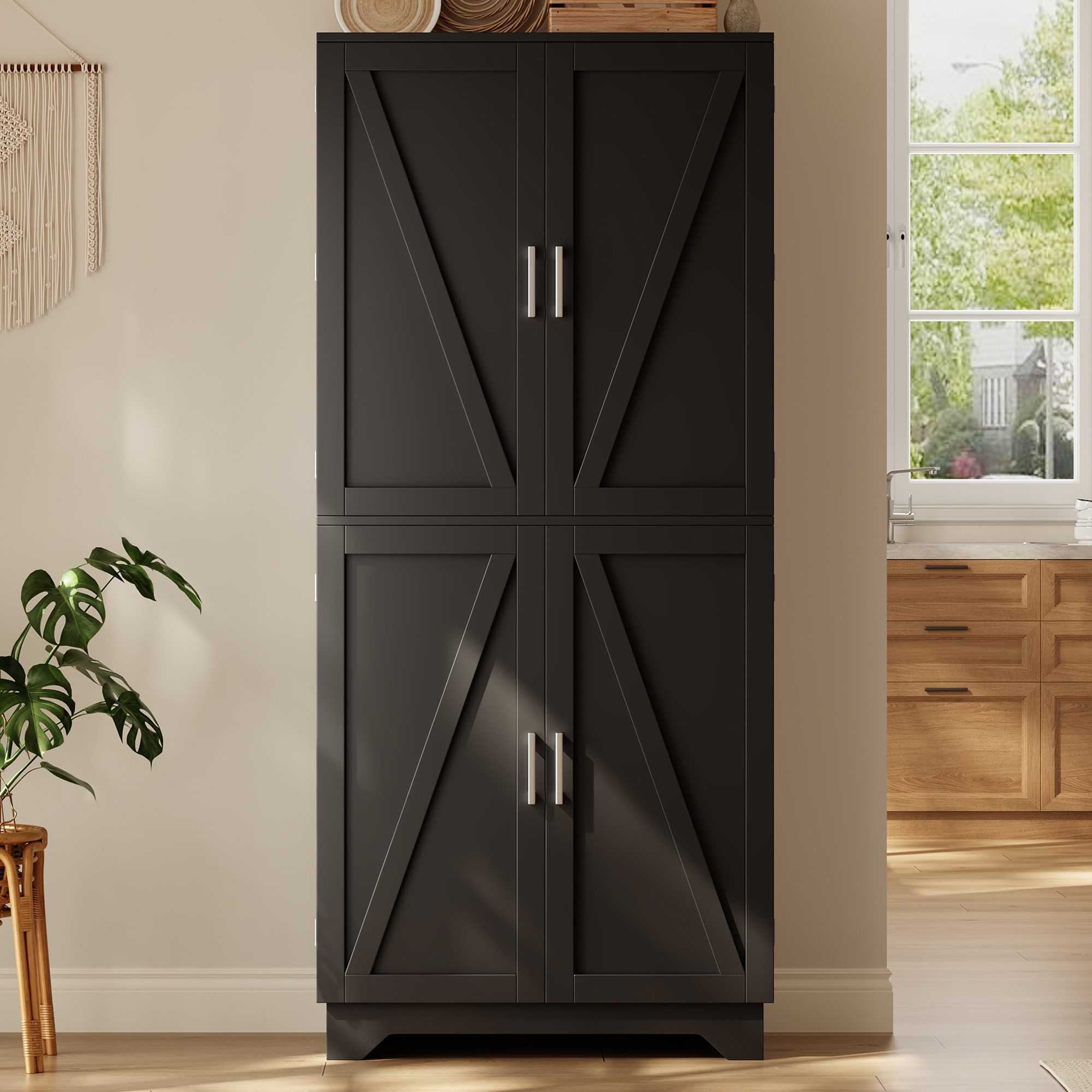 Celya Küchenbuffet Küchenschrank, hoher Stauraumschrank mit 4 Scheunentor-Türen (80 × 40× 180 cm Aufbewahrungsschrank mit Weinregal und Türregal)