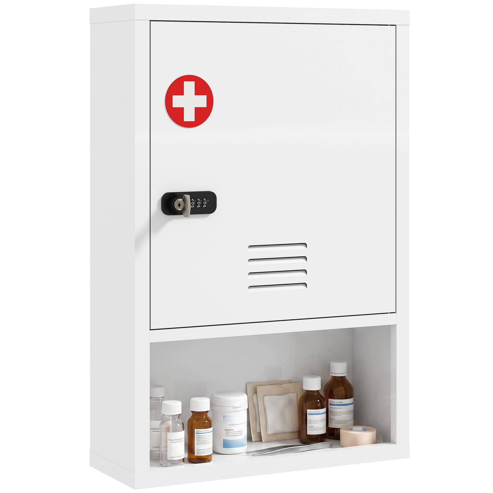 HOMCOM Medizinschrank Medikamentenschrank mit Zahlenschloss (Set, 1-St., 1er Set) Doppelte Verriegelung, offenes Fach