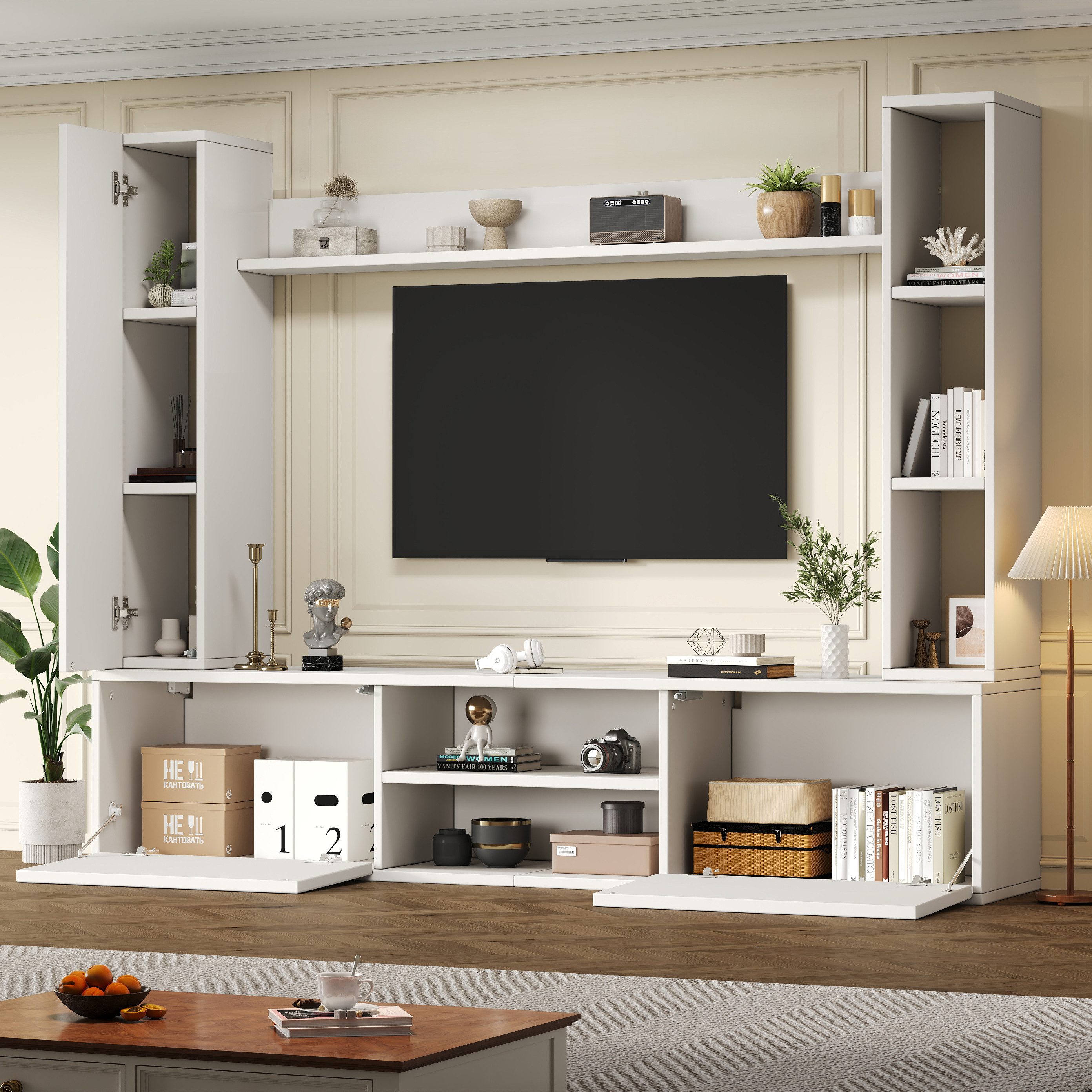 MODFU Wohnzimmer-Set Flexibles Design, (Wohnzimmermöbel-Set, 4-St., TV-Board, Standregal und Wandregal), stehend oder hängend,TV bis 80 Zoll