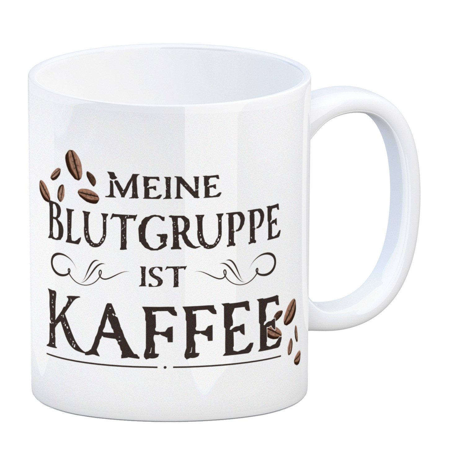 Tasse Kaffeebecher mit lustigem Motiv und Spruch Meine Blutgruppe ist