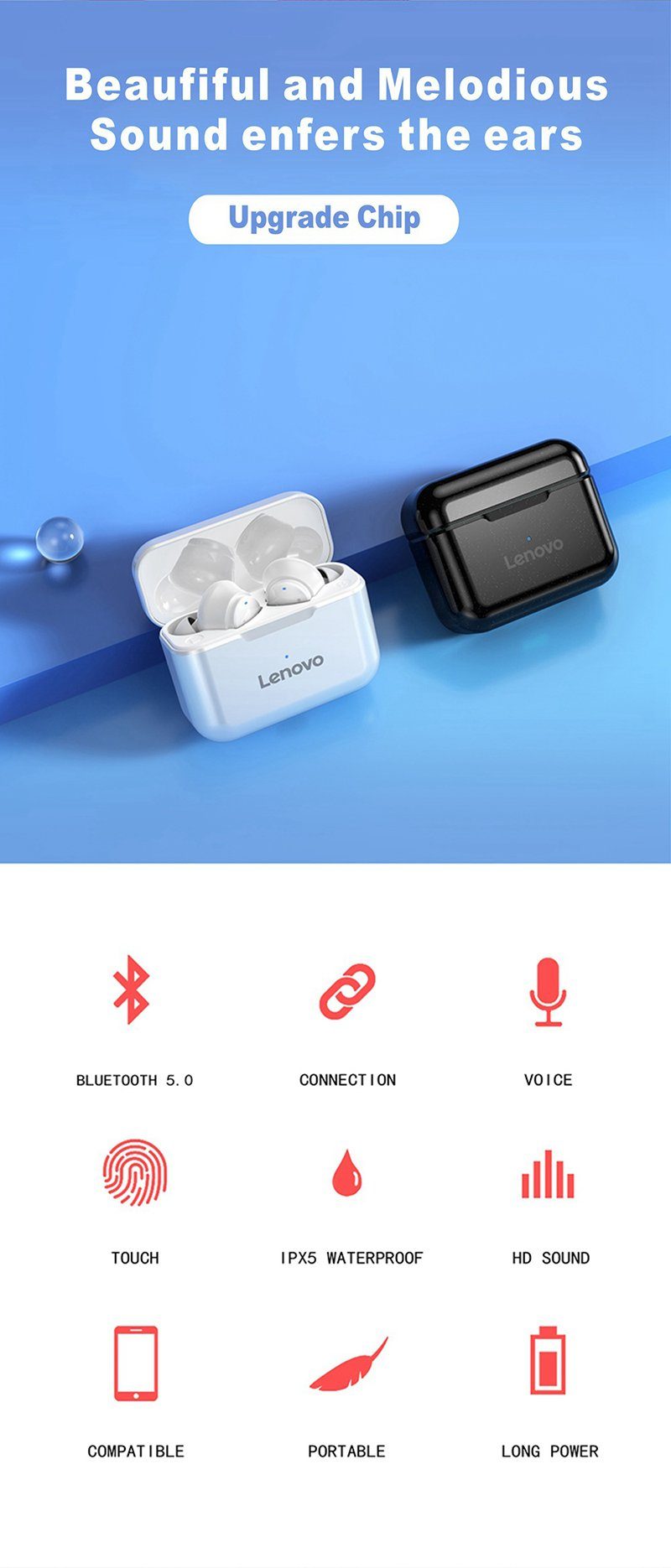 Lenovo QT82 mit Touch-Steuerung Wireless, Bluetooth mit kabellos, (True Google 400 Assistant, Siri, - Kopfhörer-Ladehülle Stereo-Ohrhörer Schwarz) Bluetooth-Kopfhörer 5.0, mAh