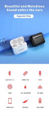 Lenovo QT82 mit Touch-Steuerung Bluetooth-Kopfhörer (True Wireless, Siri, Google Assistant, Bluetooth 5.0, kabellos, mit Touch-Steuerung und 400 mAh Kopfhörer-Ladehülle - Weiß)