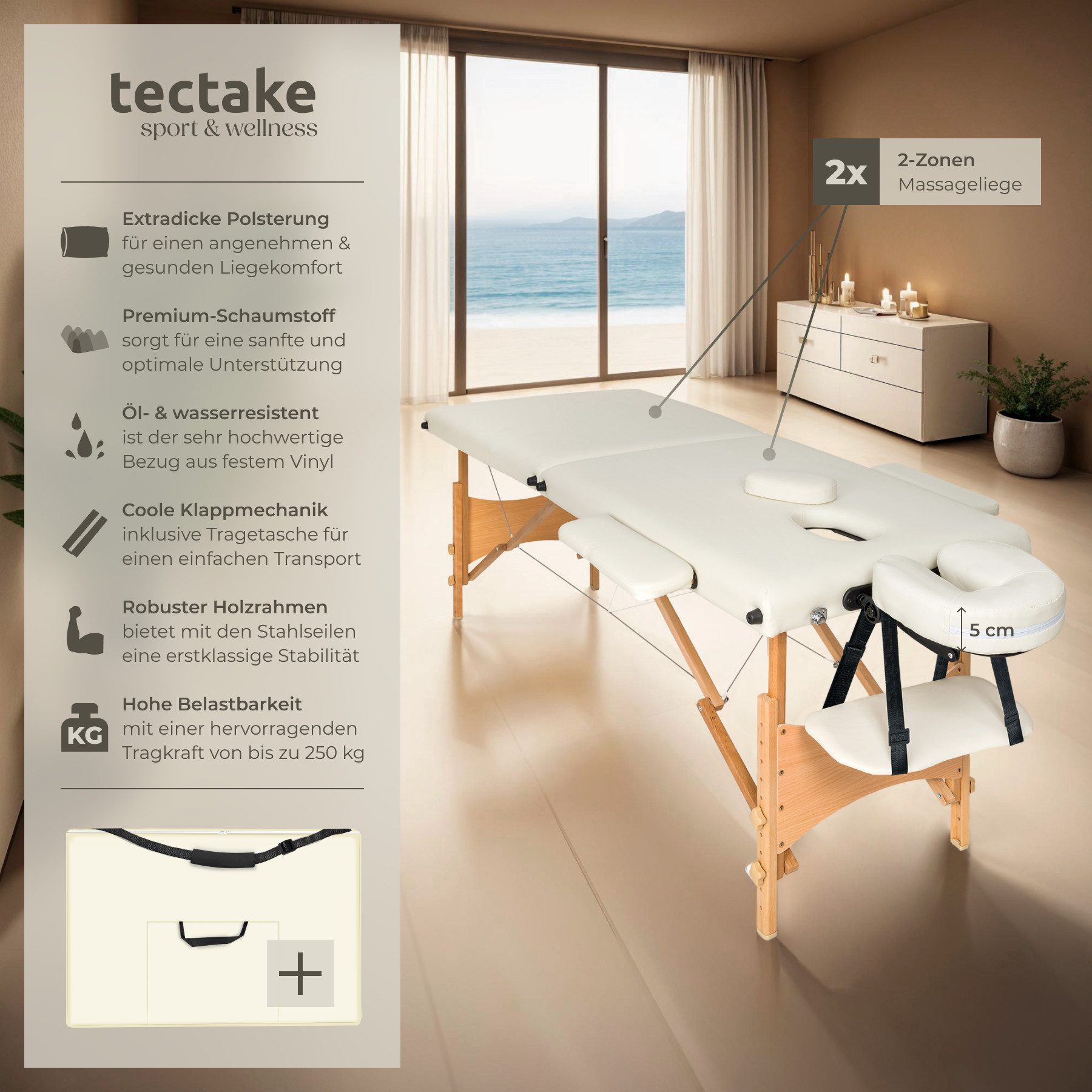 tectake Massageliege 2 Zonen Massageliege (Set, 1-St., mit Tragetasche), Breite 61 cm, Polsterung 5 cm