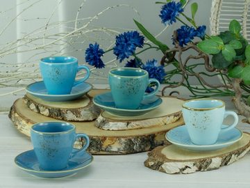 CreaTable Espressotasse Kaffeetasse NATURE COLLECTION Aqua, Steinzeug, Tassen Set, aktuelle Blautöne mit Sprenkel, 4 Tassen, 4 Untertassen