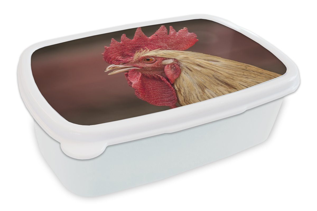MuchoWow Lunchbox Tiere - Hahn - Rot, Kunststoff, (2-tlg), Brotbox für Kinder und Erwachsene, Brotdose, für Jungs und Mädchen weiß