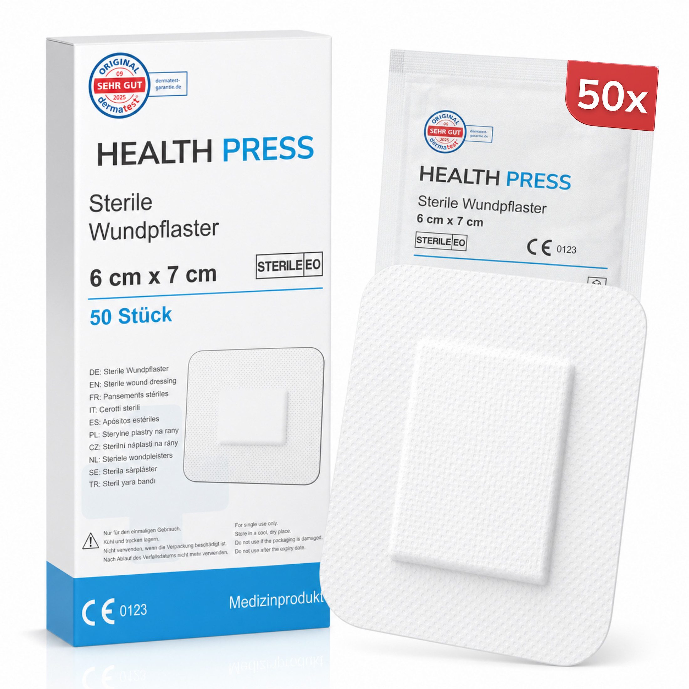 Health Press Wundpflaster steril - große Pflaster zur Wundversorgung (50 St., 50 Stück 6x7cm, 25 Stück 9x10cm, 25 Stück 9x15cm), Derma-Test: SEHR GUT