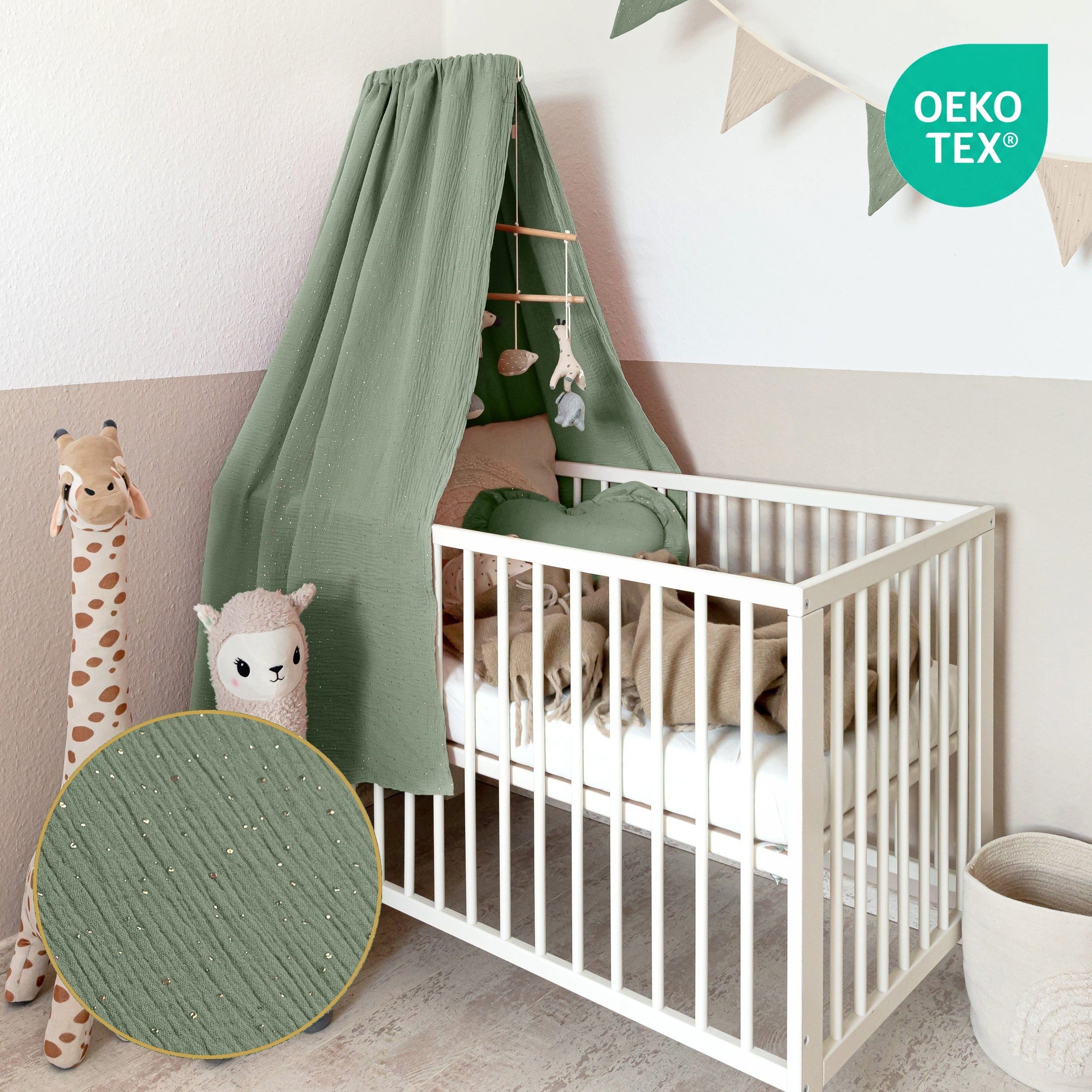 lilimaus Betthimmel für Babybett aus 100% Musselin - luftiger Baldachin (1-tlg), fein schimmernde Gold-Punkte - weich & sanft zu zarter Babyhaut