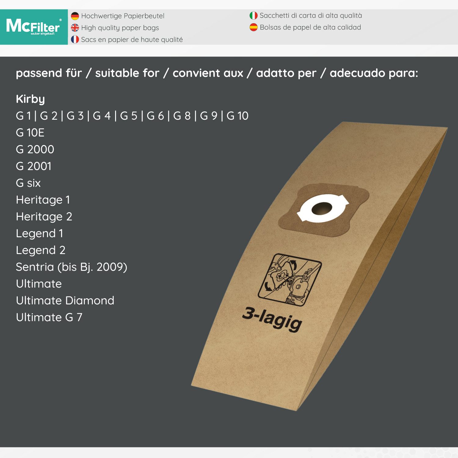 McFilter Staubsaugerbeutel 10 Stück oder 20 Stück, passend für Kirby Heritage 1, Heritage 2, Legend 1, Legend 2, Senria bis Bj. 2009, Ultimate Diamond, 10 St., umweltschonendes Material aus Papier & Pappe