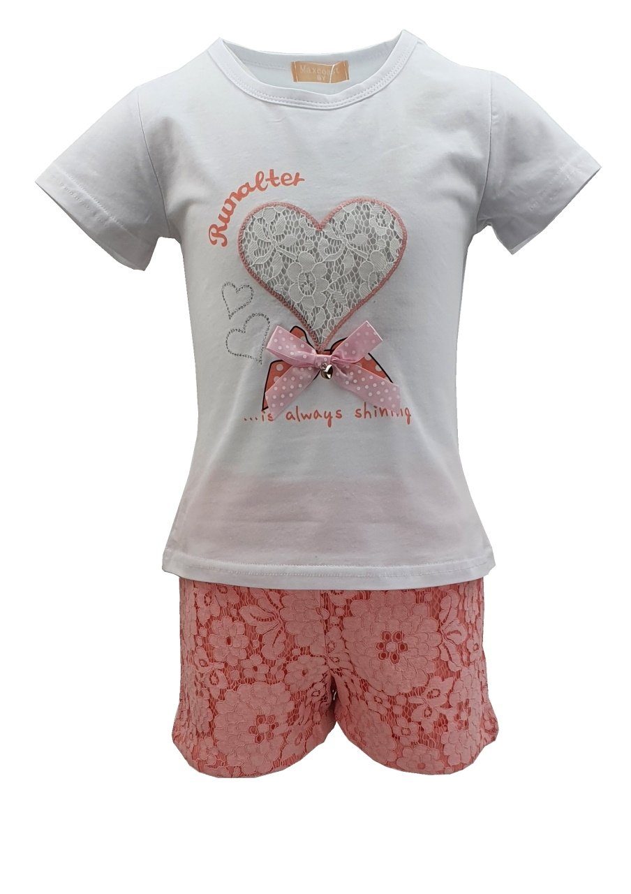 Girls Fashion MS241 Sommer Shorts, Shorts Weiß-Rosa (T-Shirt & Shorts) + T-Shirt T-Shirt Set, 