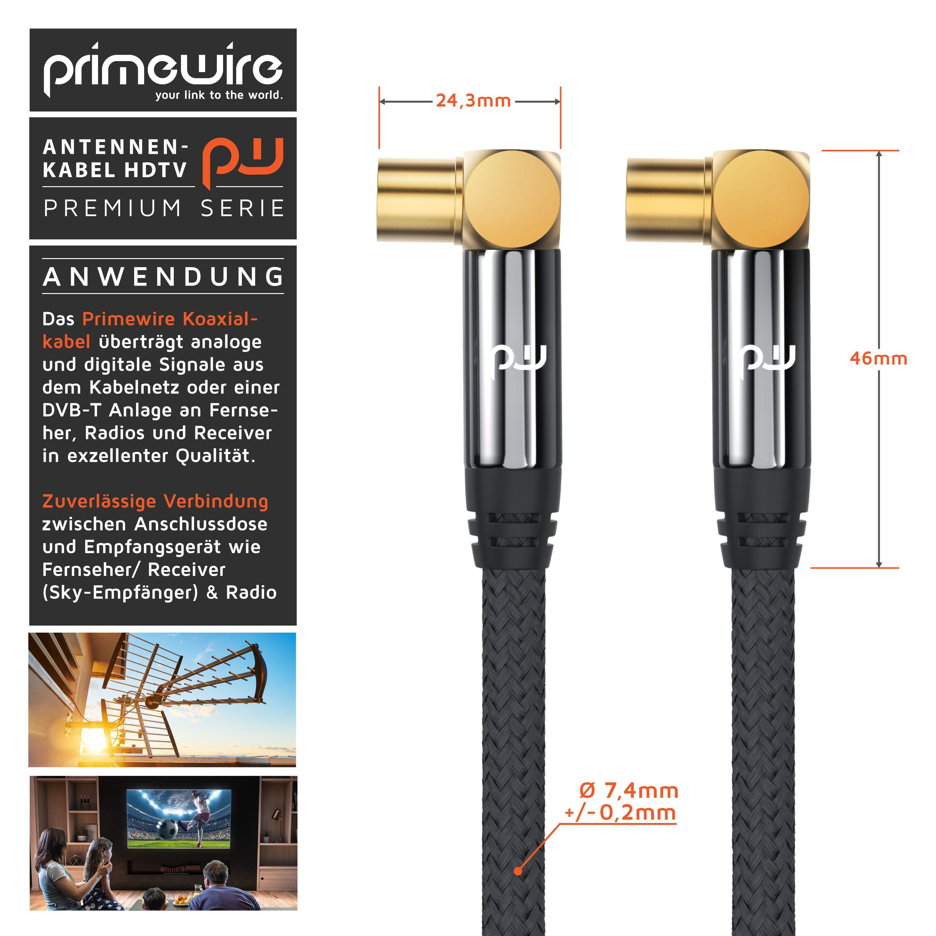 Primewire HDTV Antennenkabel gewinkelt, 2-fach Schirmung, 75 Ohm / 135 dB - 10m TV-Kabel, Koax, RF Buchse, IEC Stecker (1000 cm), Koaxialkabel, vergoldete Steck – Bild 3 von 5