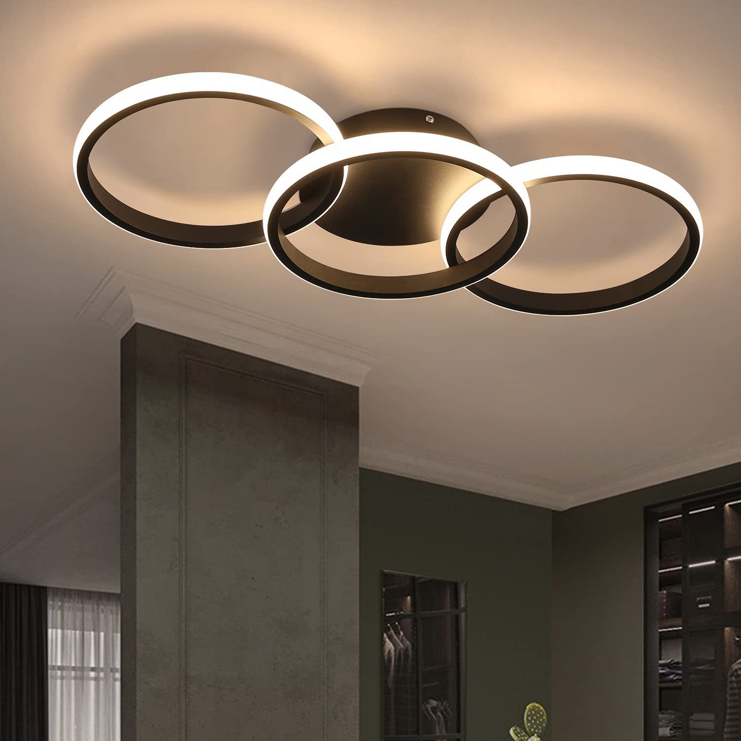 ZMH LED Deckenleuchte Schwarz Schlaf- Küchenlampe 3 Ringe 3000K Beleuchtung Modern, LED fest integriert, LED Deckenlampe