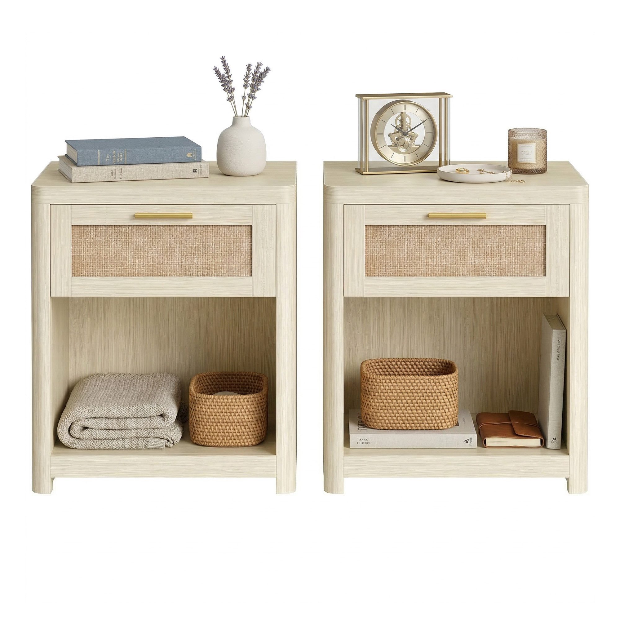 VASAGLE Nachttisch Boho-Stil, Beistelltisch, mit Schublade in Rattan-Optik, mit Fach, abgerundeten Ecken, für Schlafzimmer neben dem Bett, 2er Set