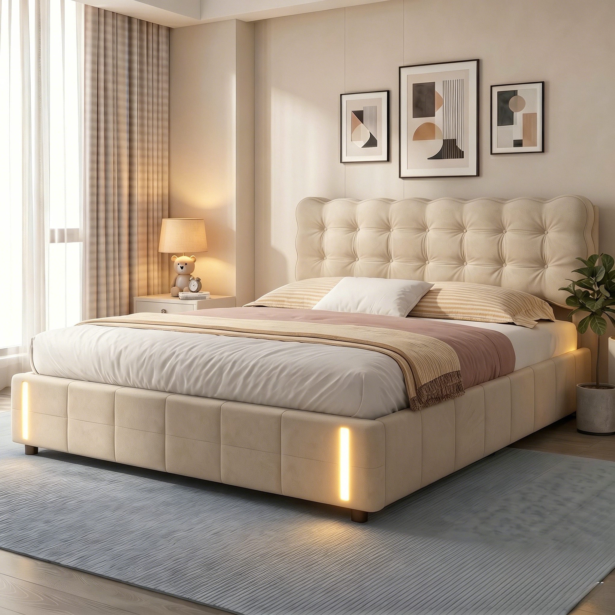 Furnishings Home Polsterbett Stauraumbett Doppelbett mit LED 140x200 cm (Modernes Jugendbett, Leises Design Bett, Max. Belastbarkeit 350 kg), Mit LED-Beleuchtung, Bettkasten, Lattenrost, Samt