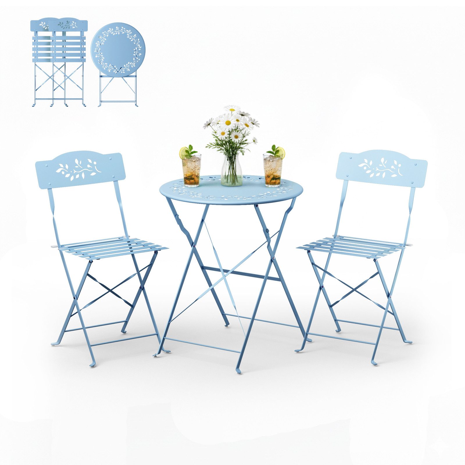 VINGLI Balkonset Bistroset 3-teilig aus Stahl – Bistrotisch mit 2 Klappstühlen, Durchbrochenes Olivenblatt-Design, Wetterbeständig, Hellblau