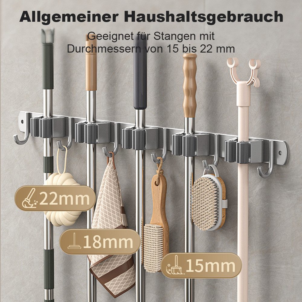 ANYSUN Wandhaken Besenhalterung Wand mit 4 Halter und 5 Haken Gartengerätehalter, Besen, Mopp, Badezimmer, ohne Bohren und Bohren Wand Gerätehalter, Wandhalter