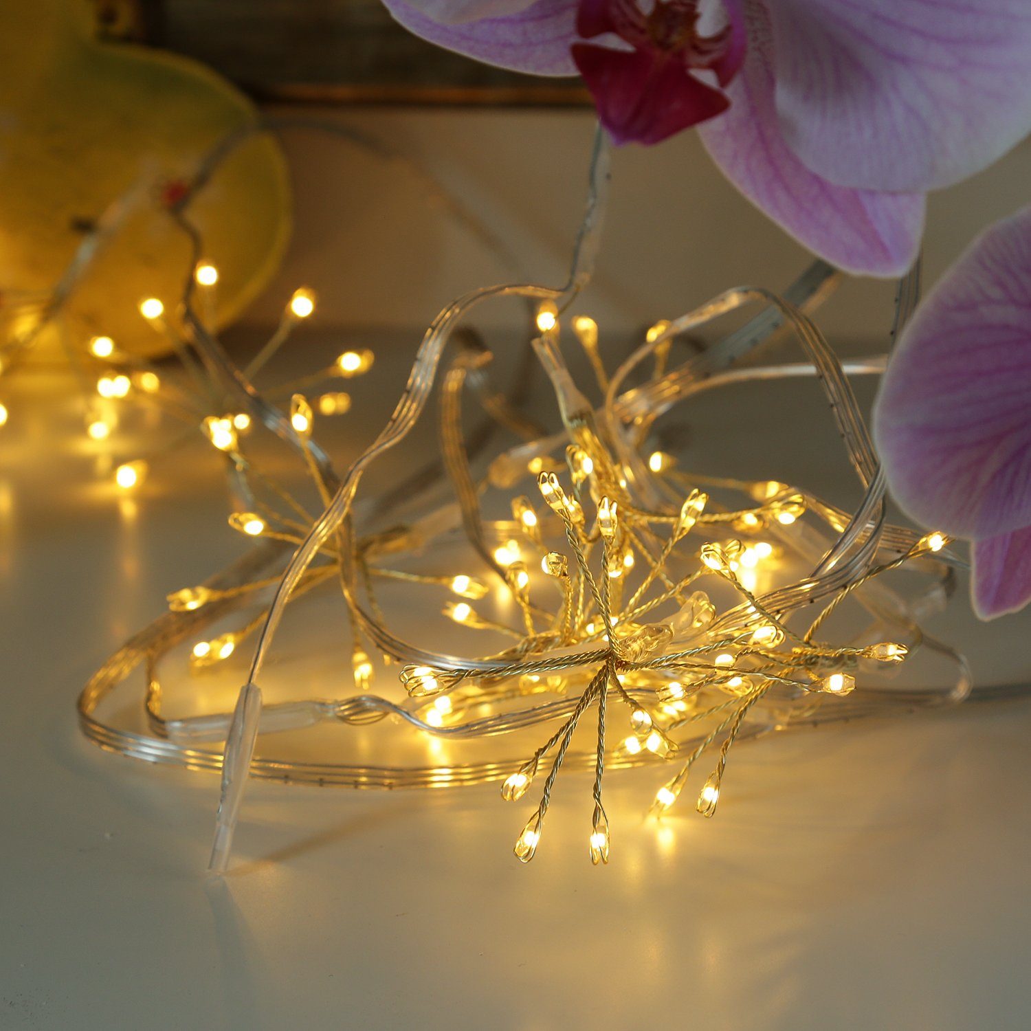 MARELIDA LED-Lichterkette Pusteblume Feuerwerk Blume 5 Blüten Deko Girlande 50LED 1m Timer gold, 50-flammig
