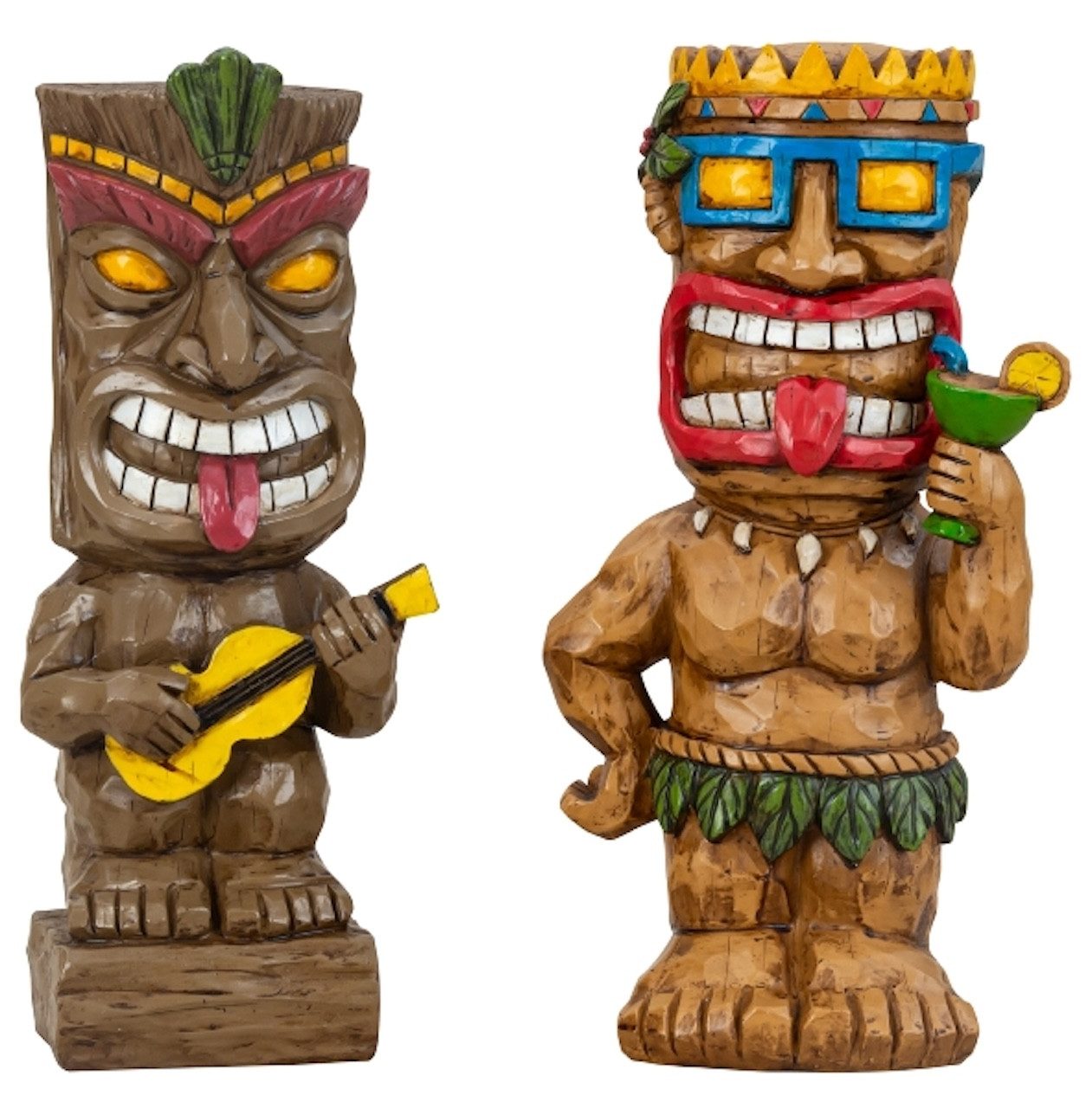 Afrikafigur Hawaii Tiki Figuren Set 2er lustige Deko m. Gitarre & Cocktail 33,5 cm