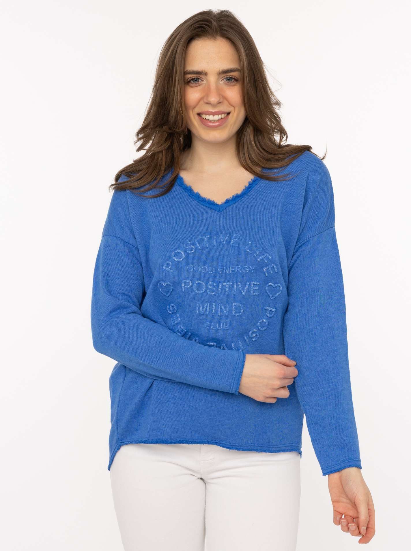 Zwillingsherz Sweatshirt "Positive Mind" ausgefranster V-Ausschnitt, Used Look, Langarm, Schriftzug