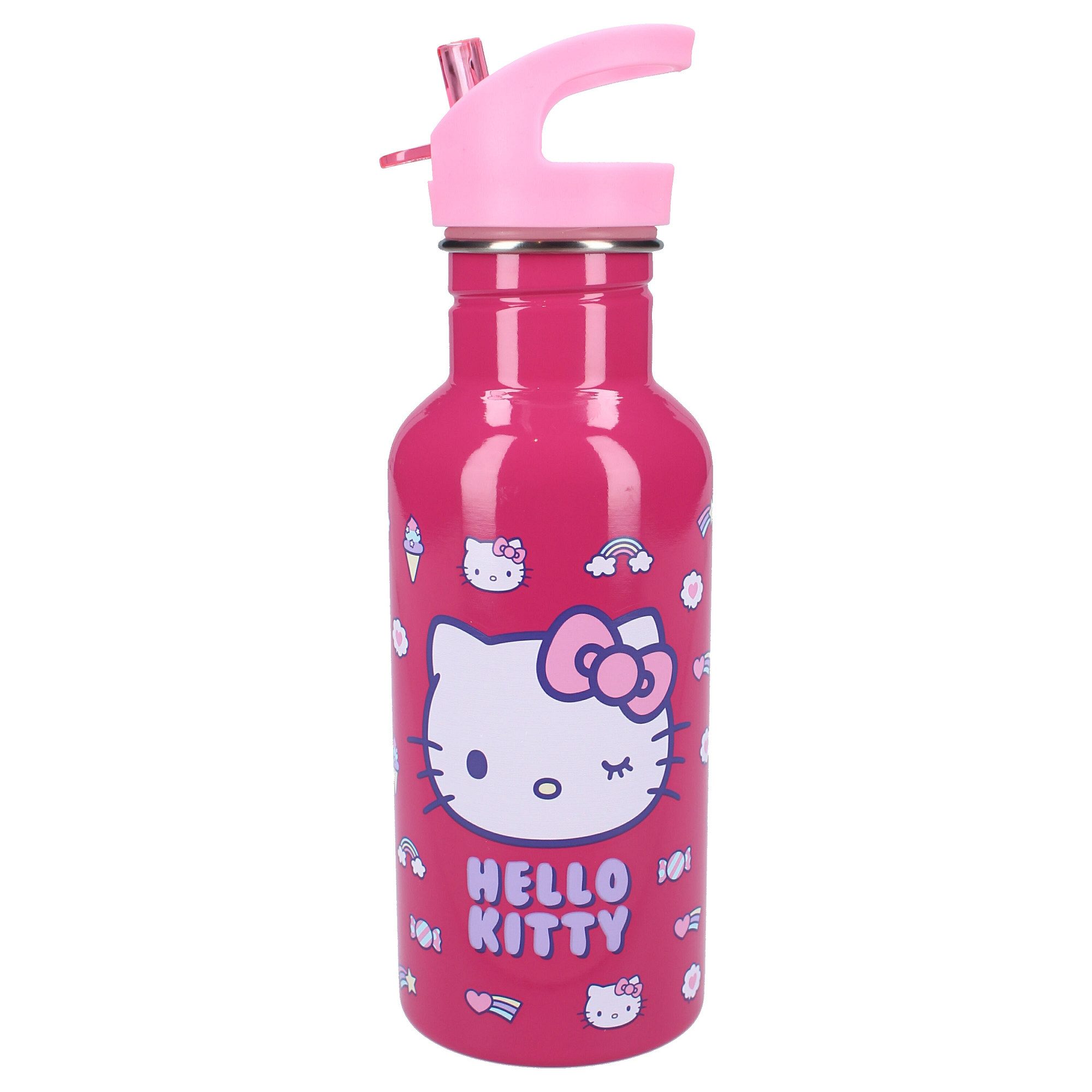 Hello Kitty Trinkflasche „Drink Up“ 500ml Trinkflasche Mit Strohhalm und pinkem Henkel