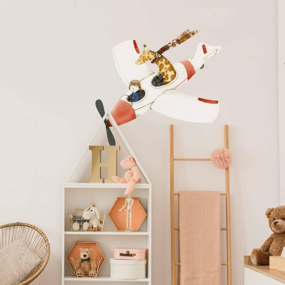 K&L Wall Art Wandtattoo Giraffe fliegt Flugzeug Pilot 70x66cm Klebebilder Kinderzimmer Loske, selbstklebende Wandsticker für Babyzimmer, hergestellt in Berlin