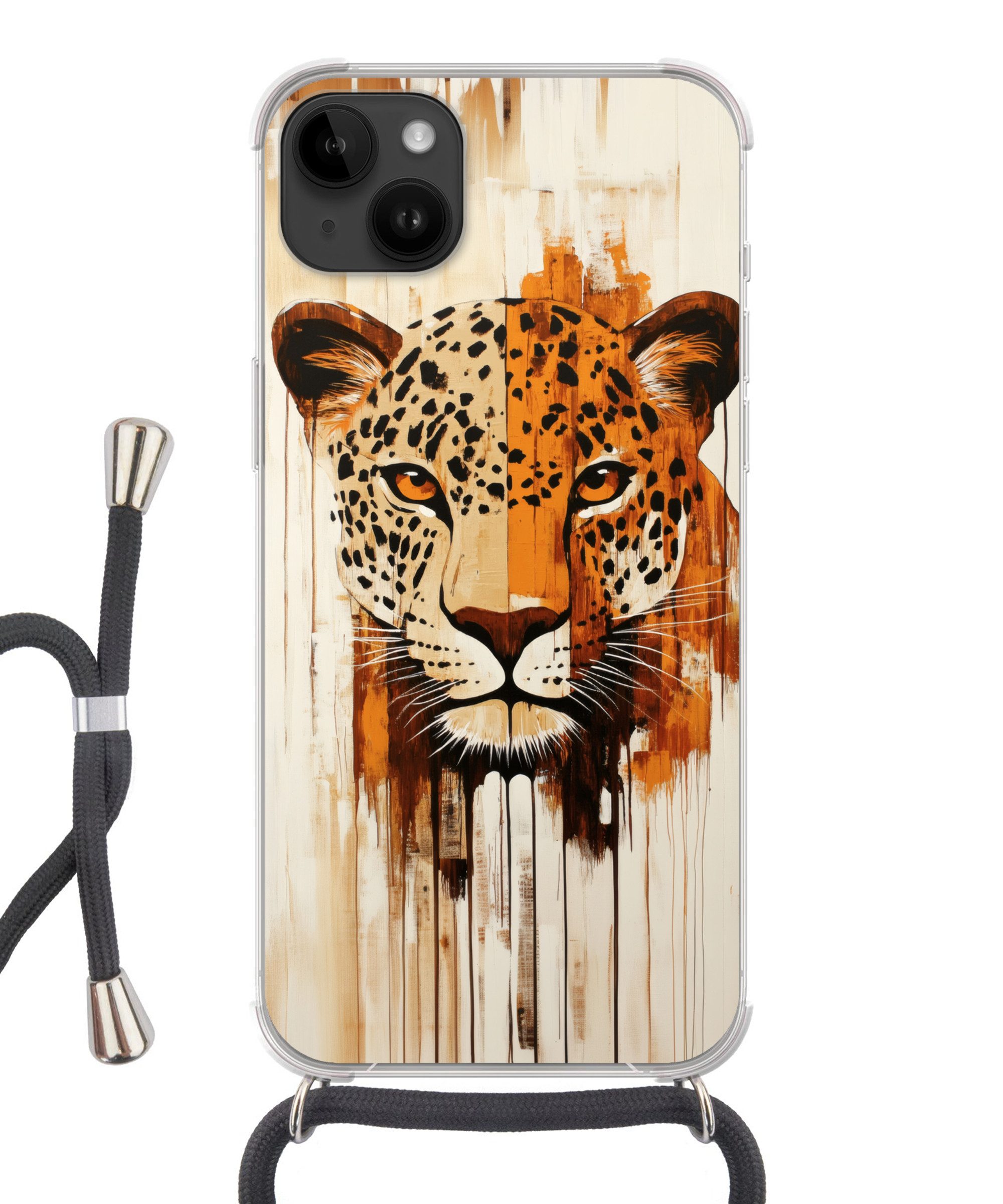 MuchoWow Handyhülle für Apple iPhone 14 Max Leopard - Symmetrisch - Streifen, Tragbare Handyhüllen mit Kette zum umhängen, Handykette Handyband