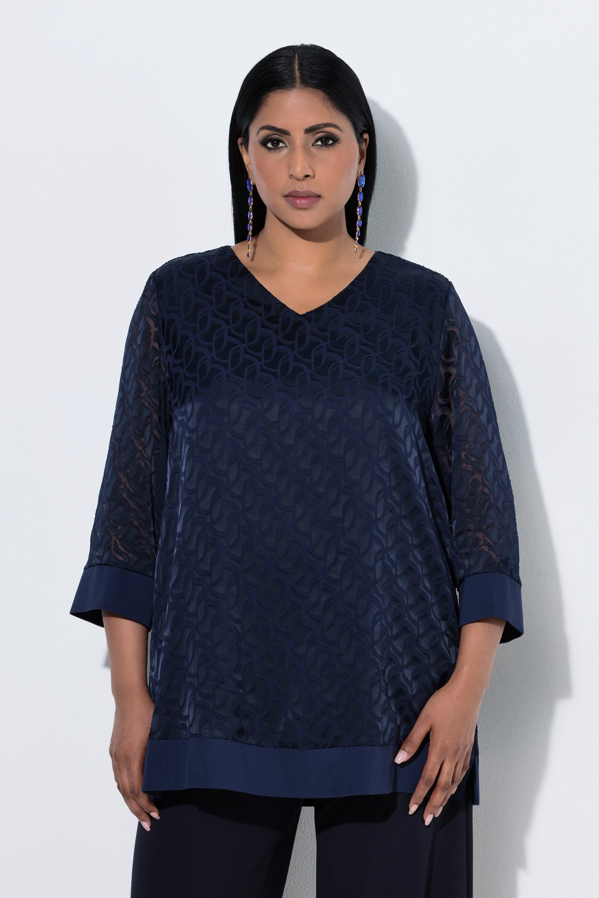 Ulla Popken Tunika Tunika Ausbrenner A-Linie V-Ausschnitt 3/4-Arm