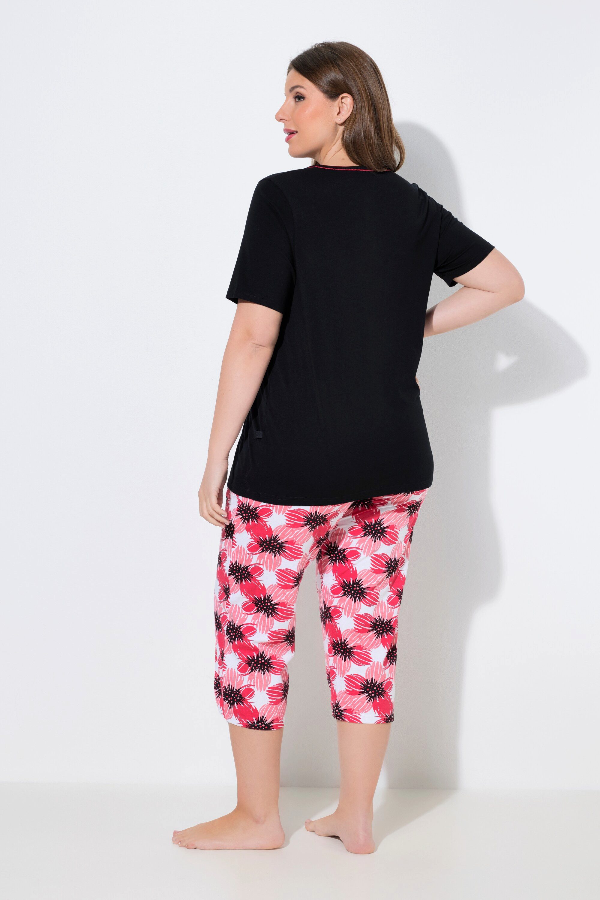 Ulla Popken Pyjama Pyjama Blüten Rundhalsausschnitt Halbarm
