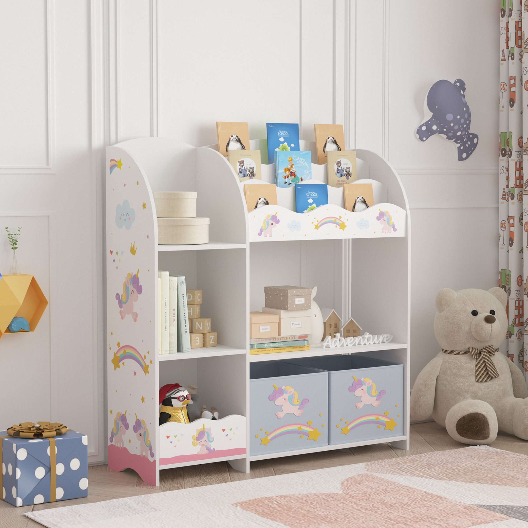 en.casa Kinderregal, »Lysekil« 100 x 93 x 30 cm mit Einhorn Motiv günstig online kaufen