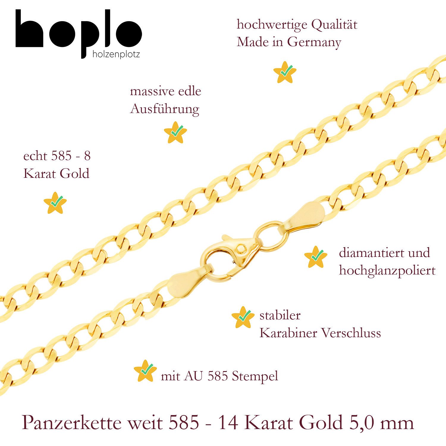 HOPLO Goldarmband Goldarmband Panzerkette Armkette 5,0 mm weit 19 cm 585 -14 Karat Gold, Made in Germany – Bild 3 von 4