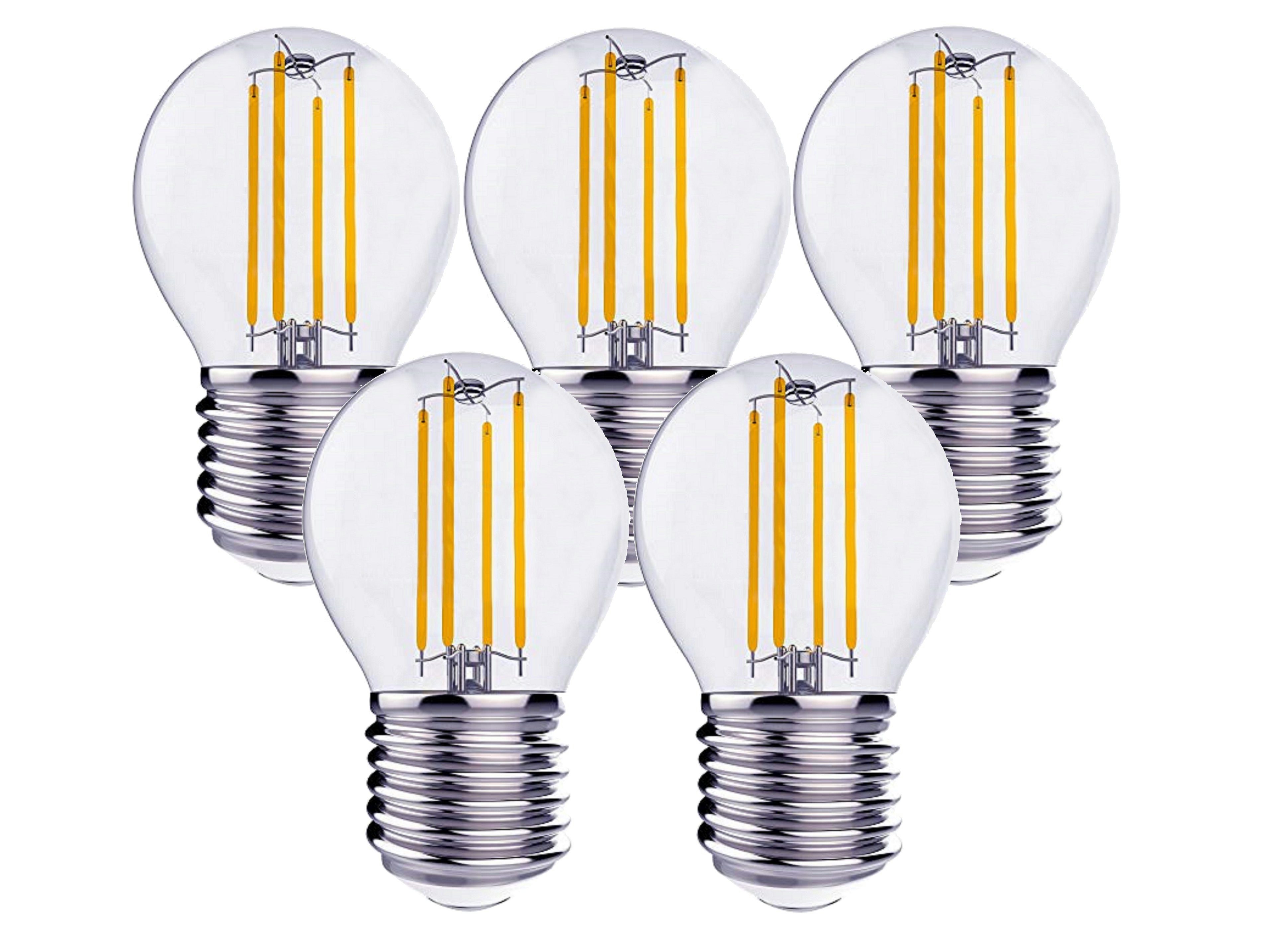 TRANGO LED-Leuchtmittel, 5er Pack E27004-5 LED Filament Birne 4 Watt 350 Lumen - 2700K warmweiß - Ersatz für 40W Glühlampe - Glühbirne - Lampe in Tropfen Form mit E27 Fassung Abstrahlwinkel 360°, 5 St.